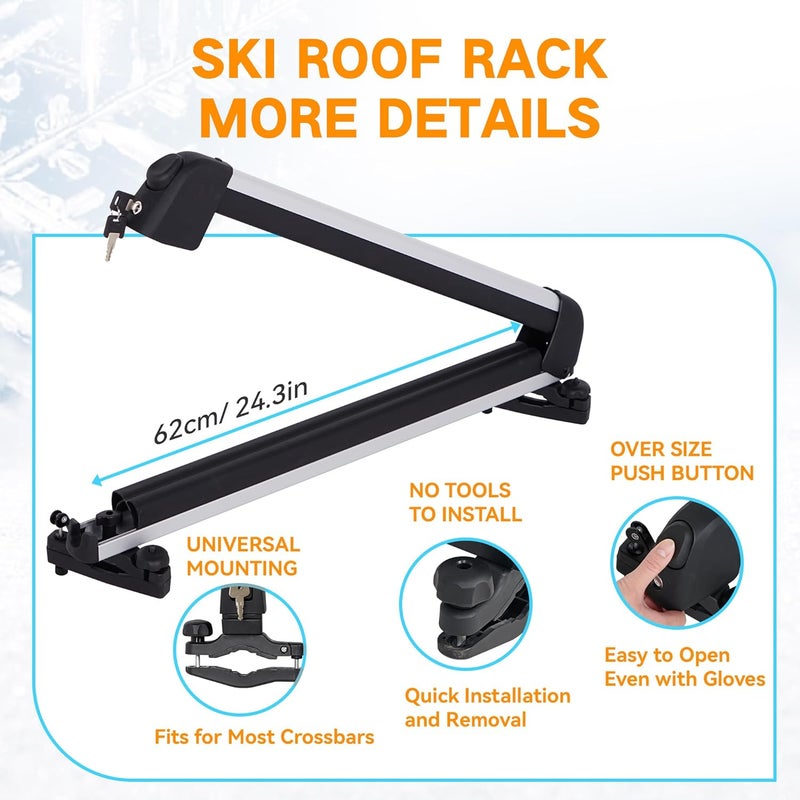 HIKULA Ski& Snowboard Roof Racks, Ski Roof Racks with Anti-Theft Lock Racks Carrier for Snowboards Universal Ski Top Holder Fits for Square/Aero/Oval Cross Bars, Sliver, Large - Image 3